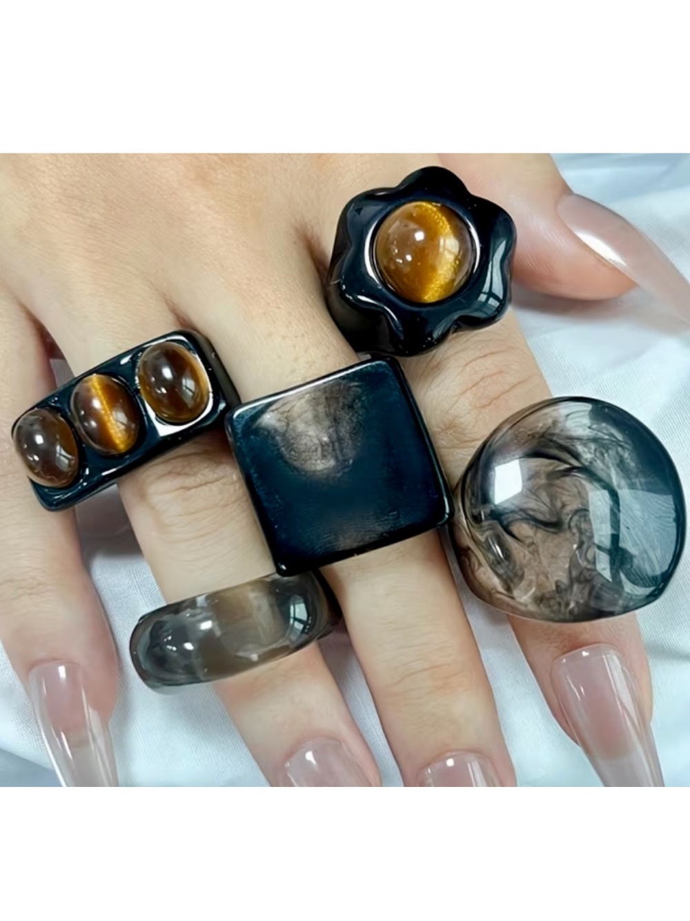 Tiger’s Eye Smoky Quartz Resin Statement Ring Set 5-Piece Whimsigoth NWOT